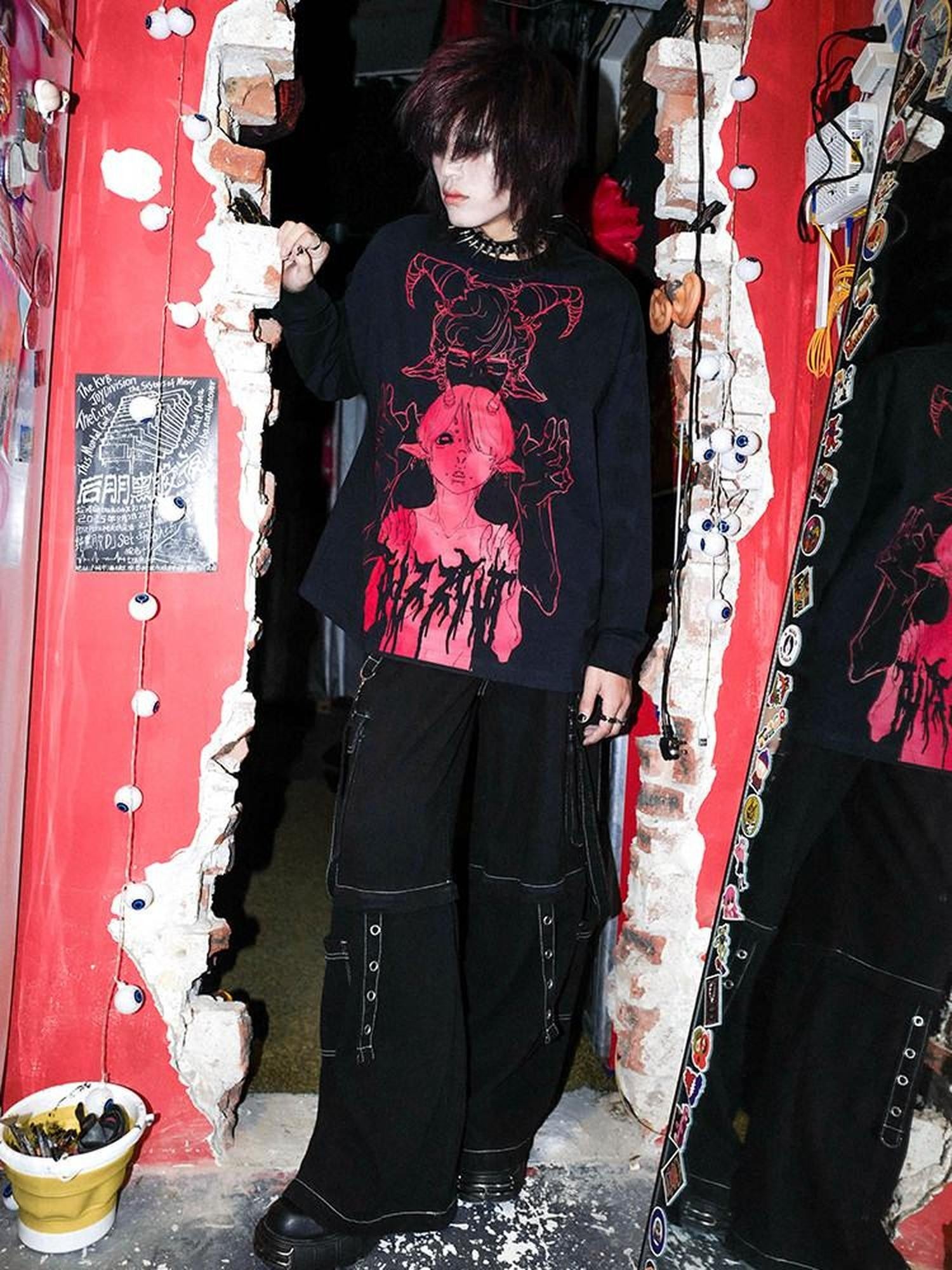 RebelSeed Black Skull Punk Oversized Heat Transfer Women's Cotton Long Sleeve T-shirts