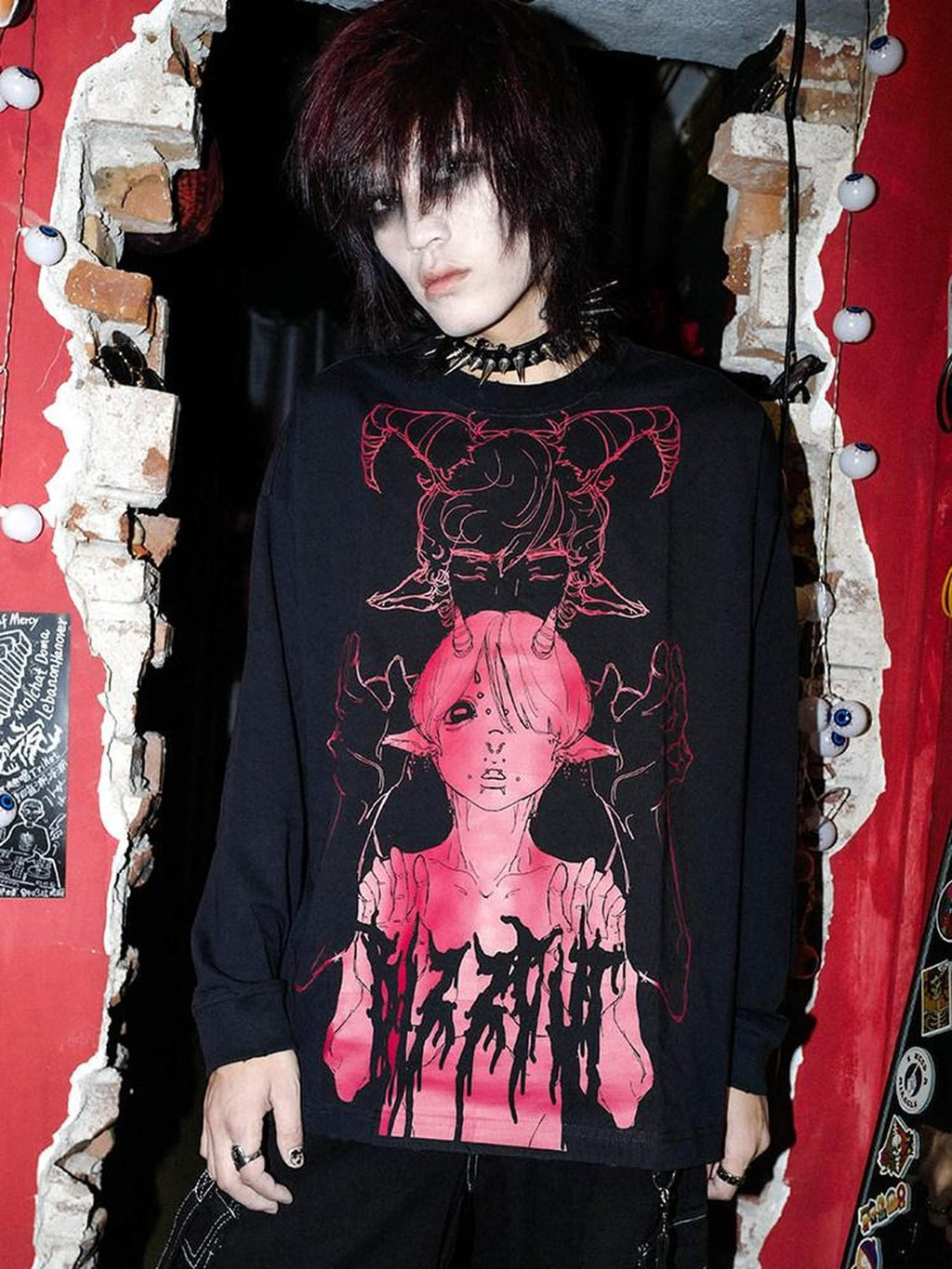 RebelSeed Black Skull Punk Oversized Heat Transfer Women's Cotton Long Sleeve T-shirts