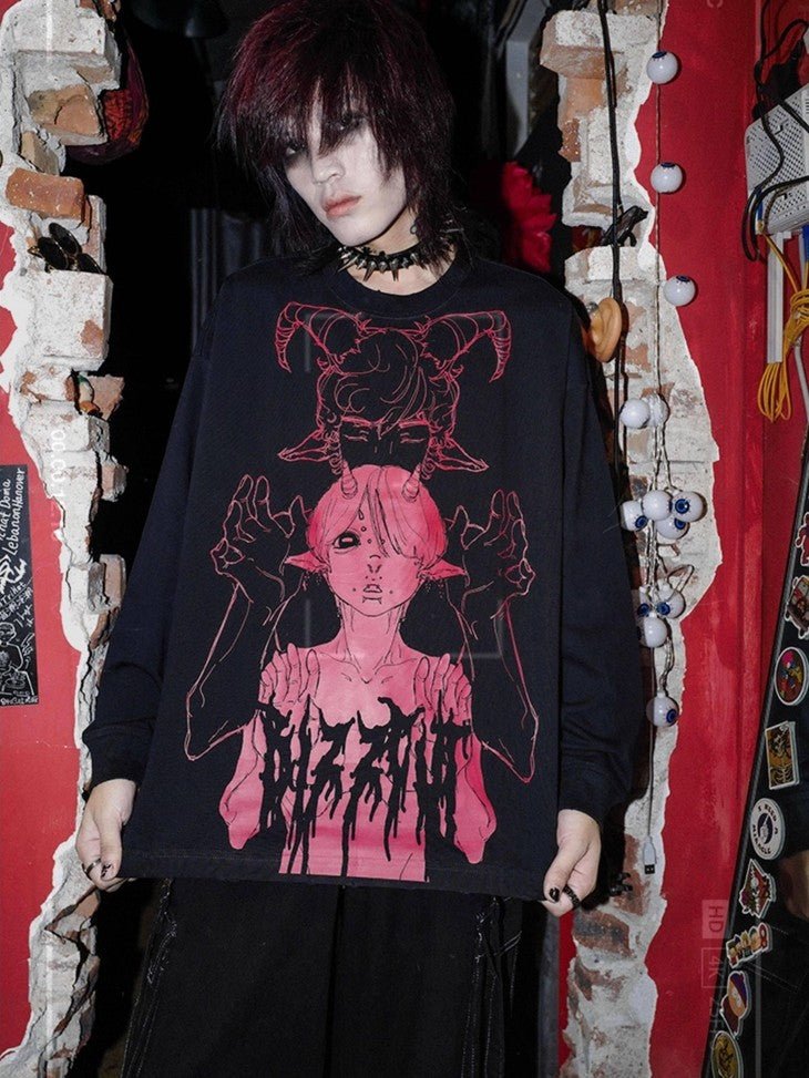 RebelSeed Black Skull Punk Oversized Heat Transfer Women's Cotton Long Sleeve T-shirts