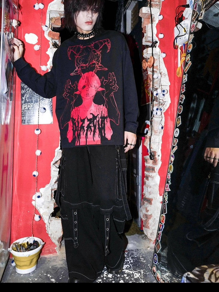 RebelSeed Black Skull Punk Oversized Heat Transfer Women's Cotton Long Sleeve T-shirts