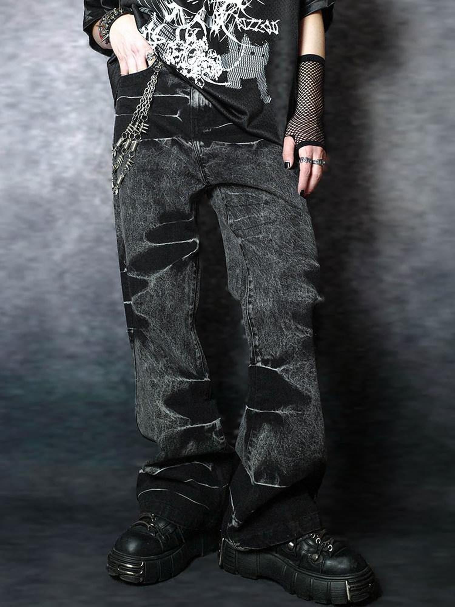 RebelSeed Black Snake Embroidered Lightning Distressed Washed Women's Denim Bootcut Pants