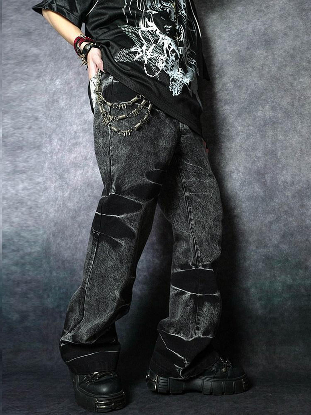 RebelSeed Black Snake Embroidered Lightning Distressed Washed Women's Denim Bootcut Pants
