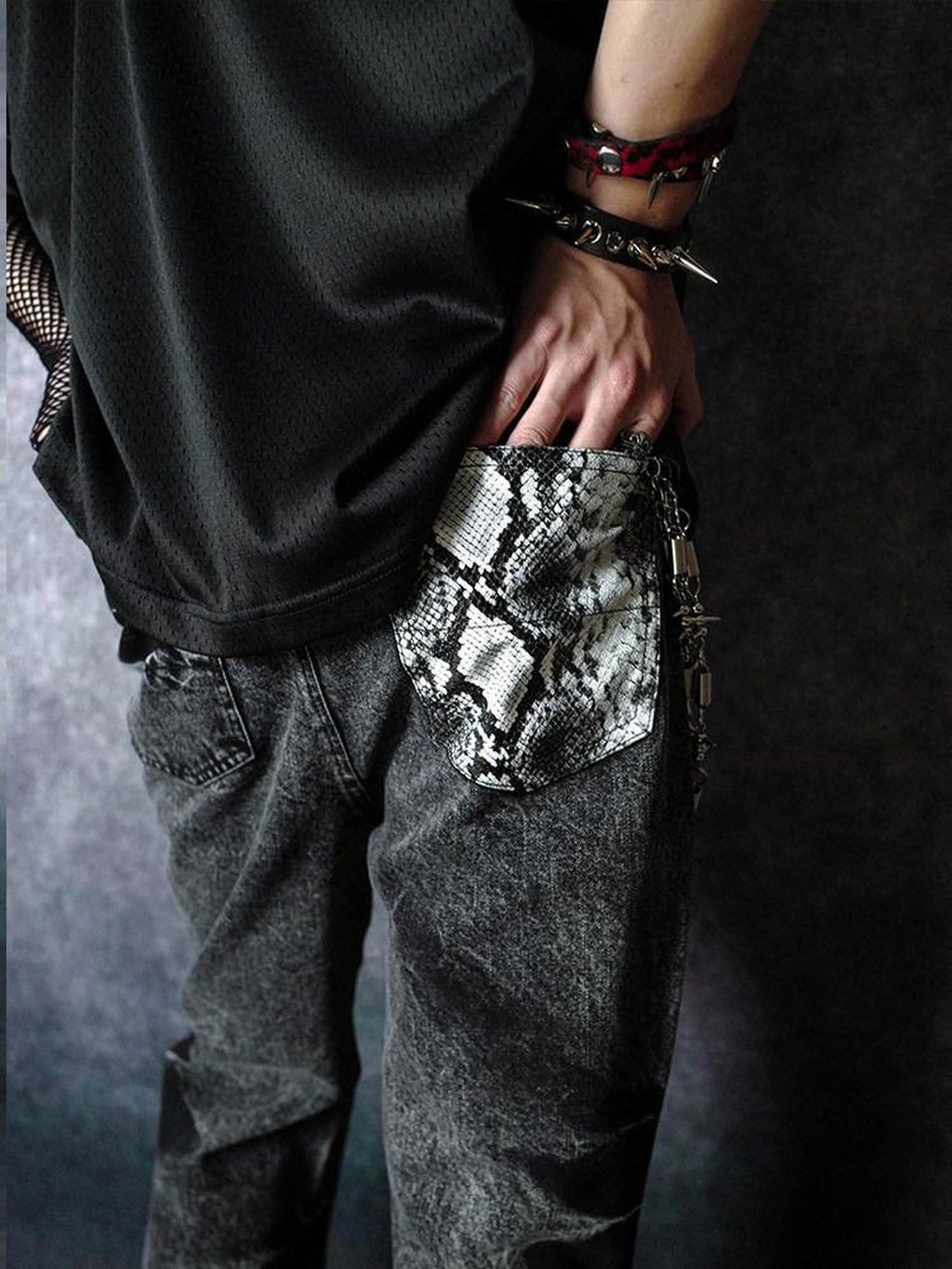 RebelSeed Black Snake Embroidered Lightning Distressed Washed Women's Denim Bootcut Pants