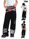 RebelSeed Black Snowwash Distressed Lettering Punk Women's Cotton Straight-leg Jeans