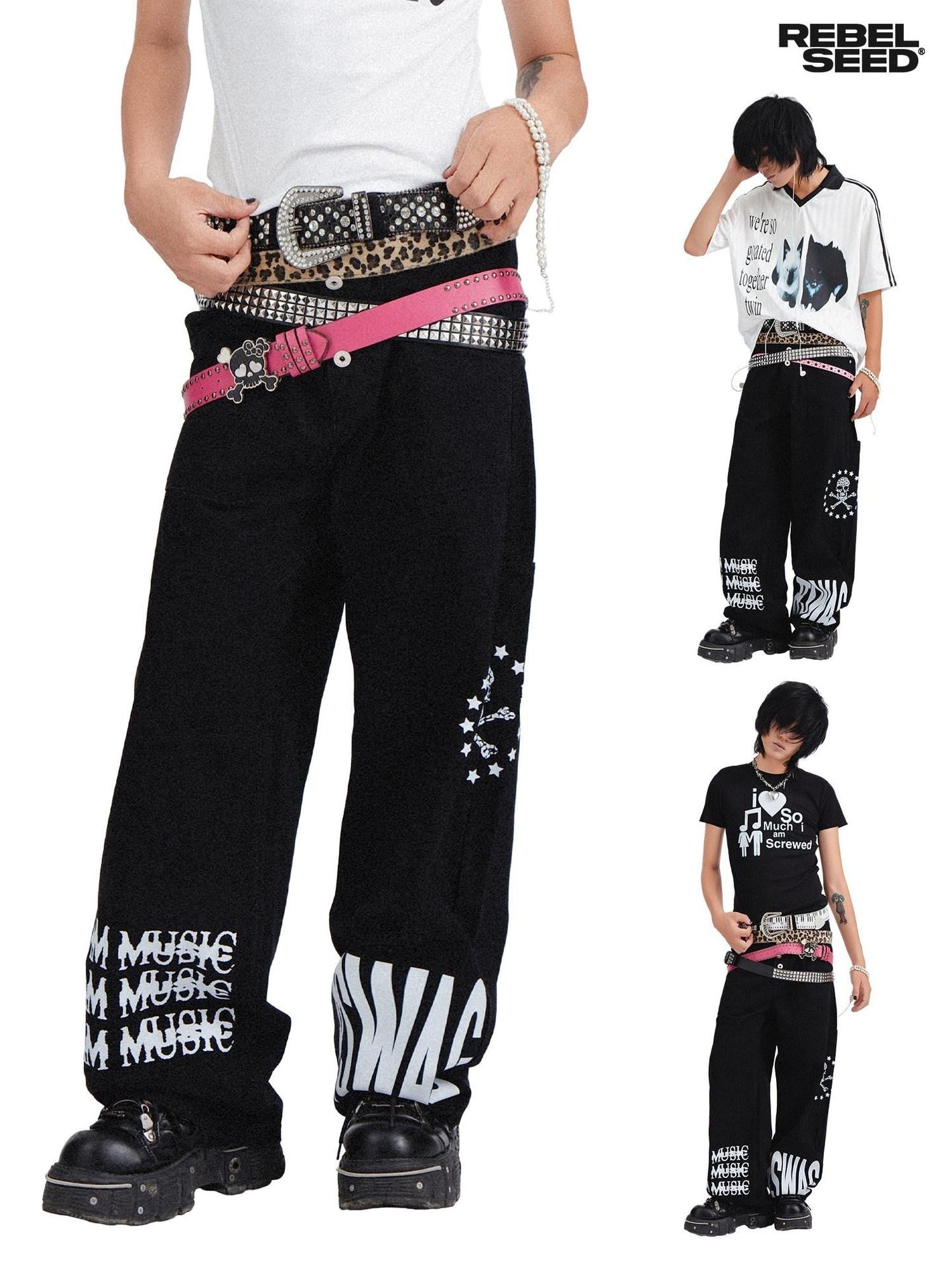 RebelSeed Black Snowwash Distressed Lettering Punk Women's Cotton Straight-leg Jeans