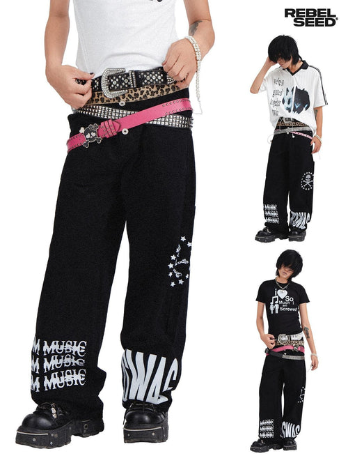 RebelSeed Black Snowwash Distressed Lettering Punk Women's Cotton Straight-leg Jeans
