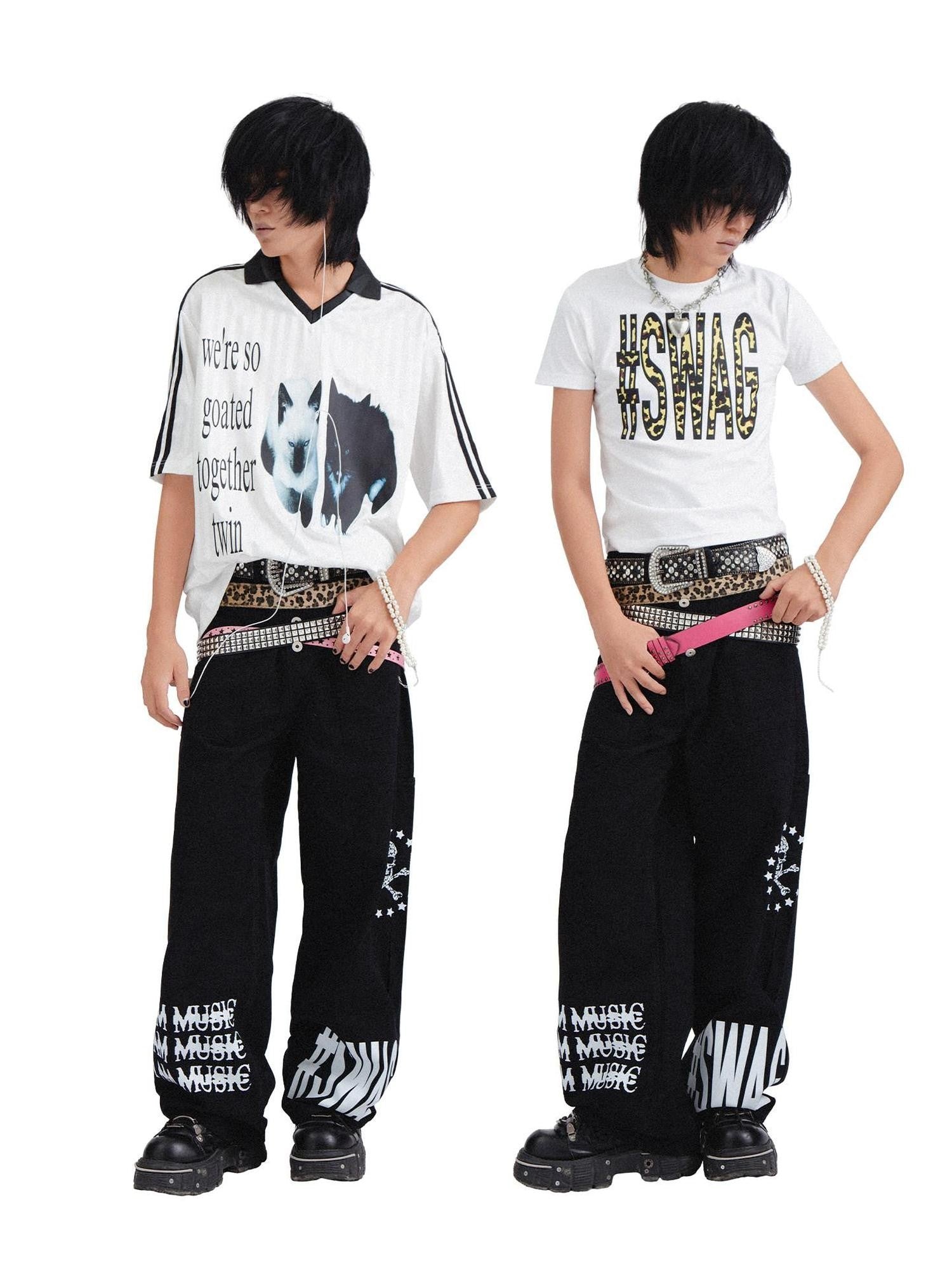 RebelSeed Black Snowwash Distressed Lettering Punk Women's Cotton Straight-leg Jeans