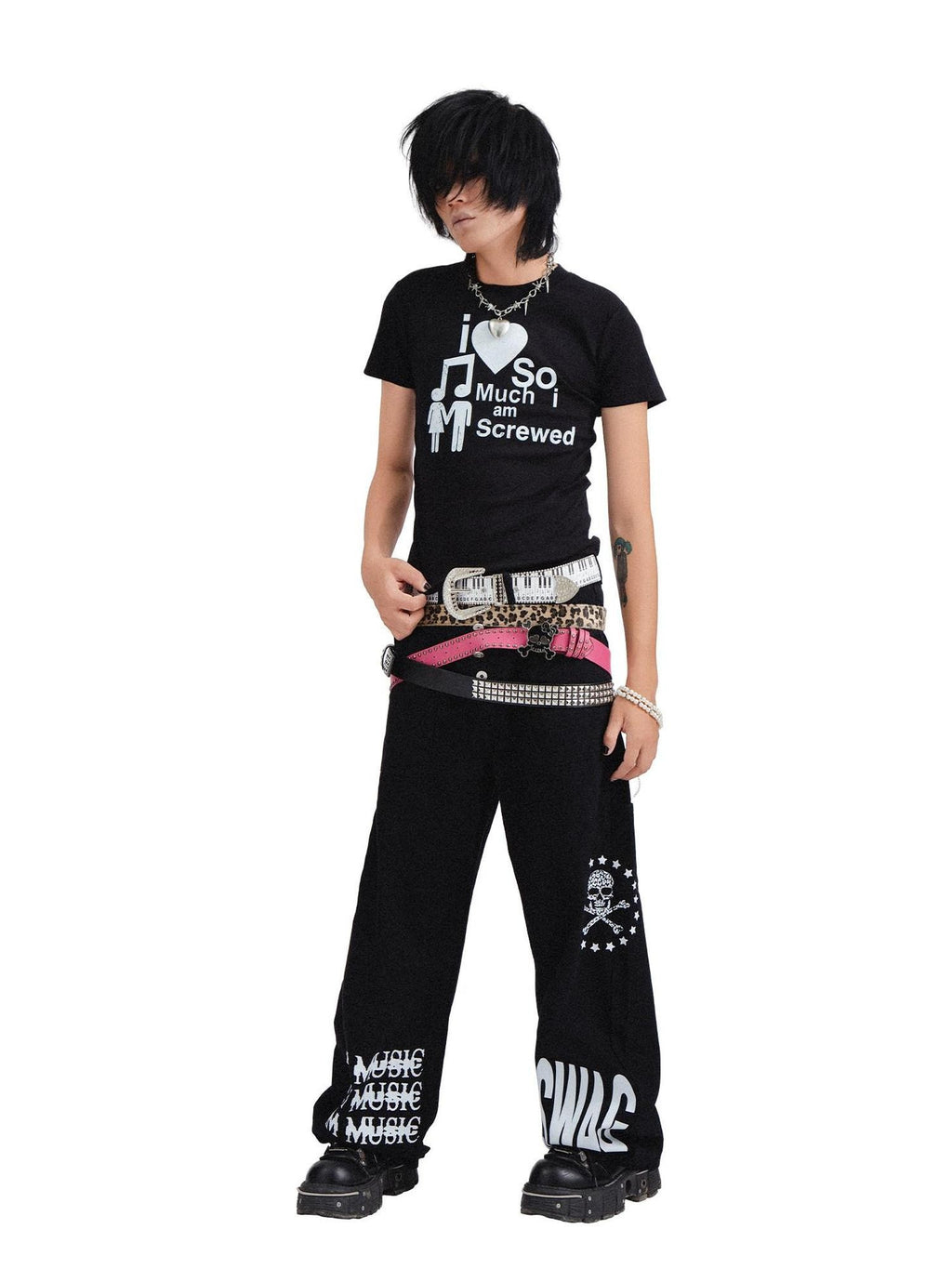 RebelSeed Black Snowwash Distressed Lettering Punk Women's Cotton Straight-leg Jeans