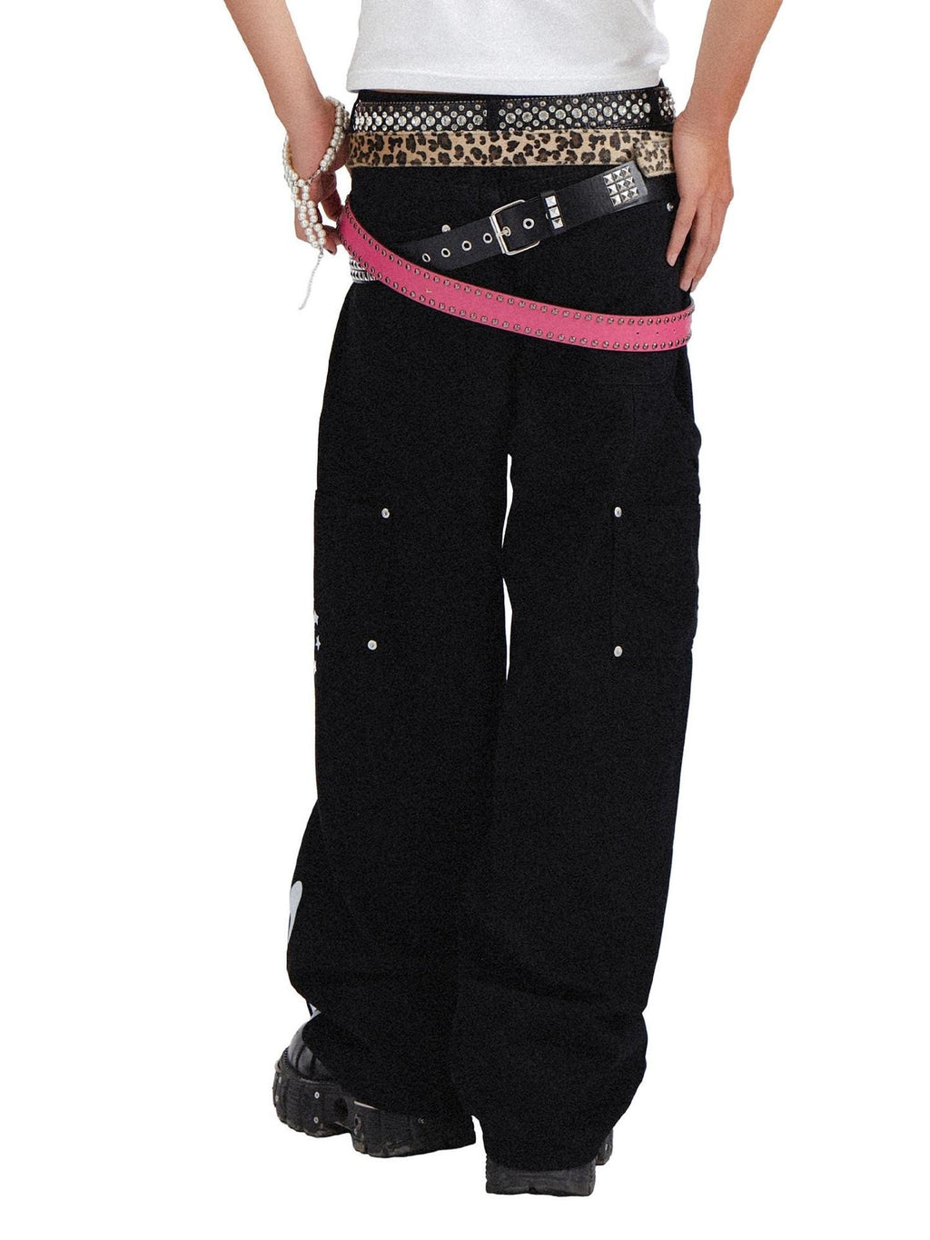 RebelSeed Black Snowwash Distressed Lettering Punk Women's Cotton Straight-leg Jeans