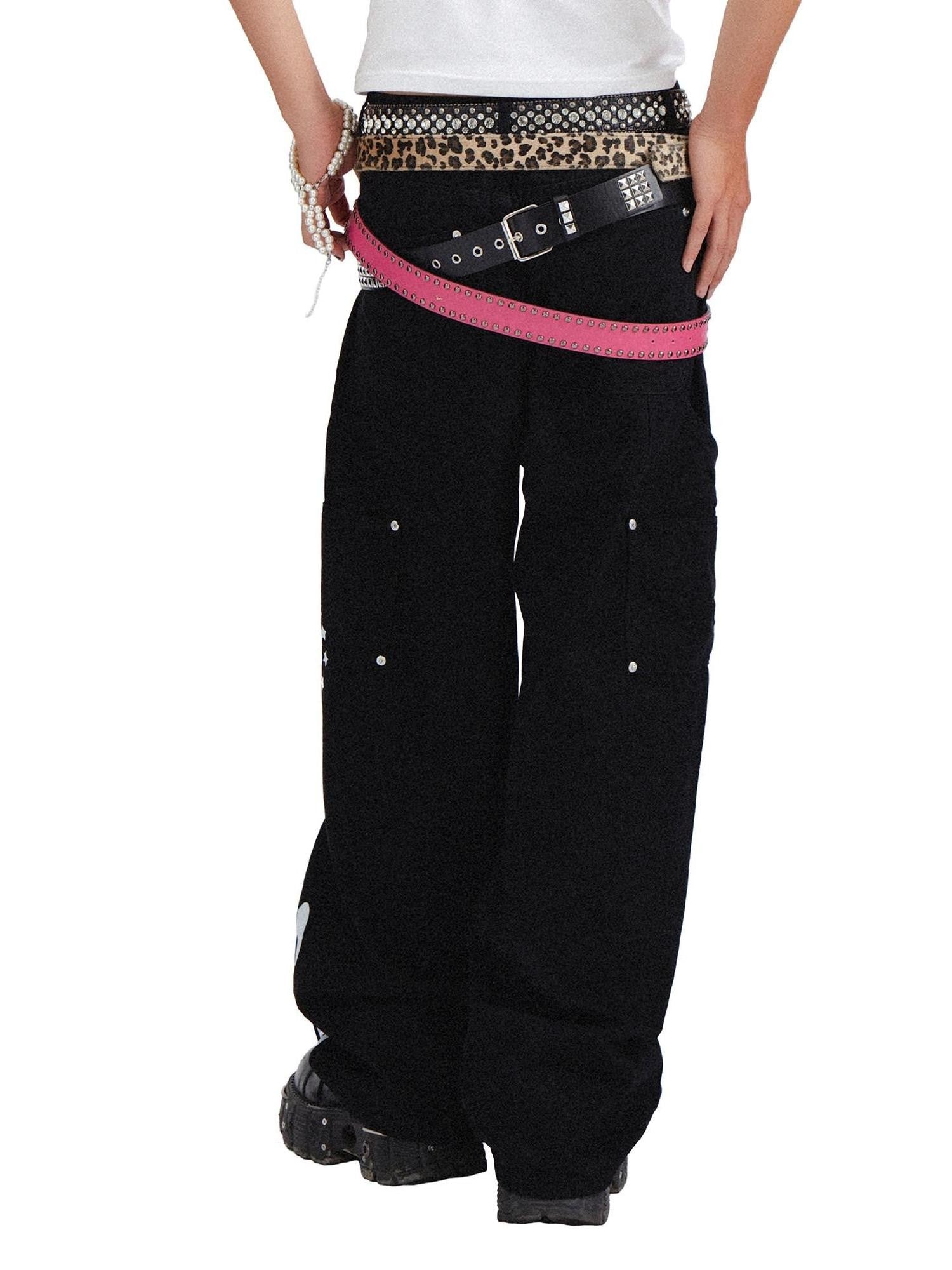 RebelSeed Black Snowwash Distressed Lettering Punk Women's Cotton Straight-leg Jeans