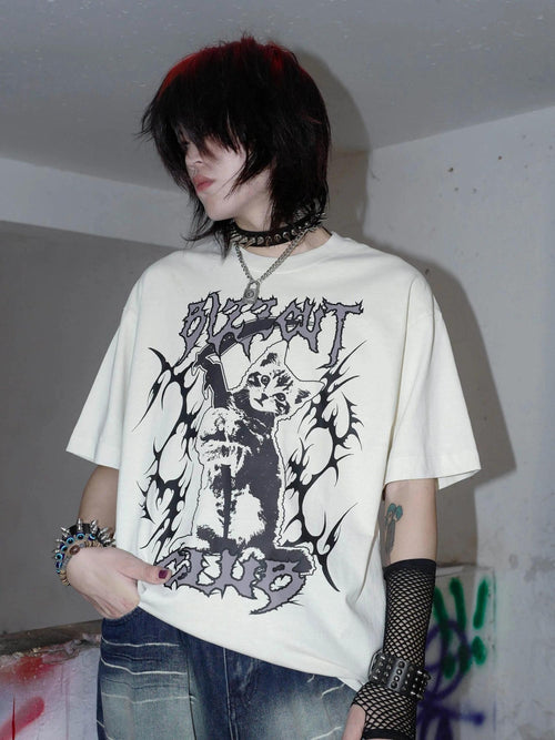 RebelSeed Black Striped Skull Demon Heat Transfer Punk Women's Short Sleeve T-shirts