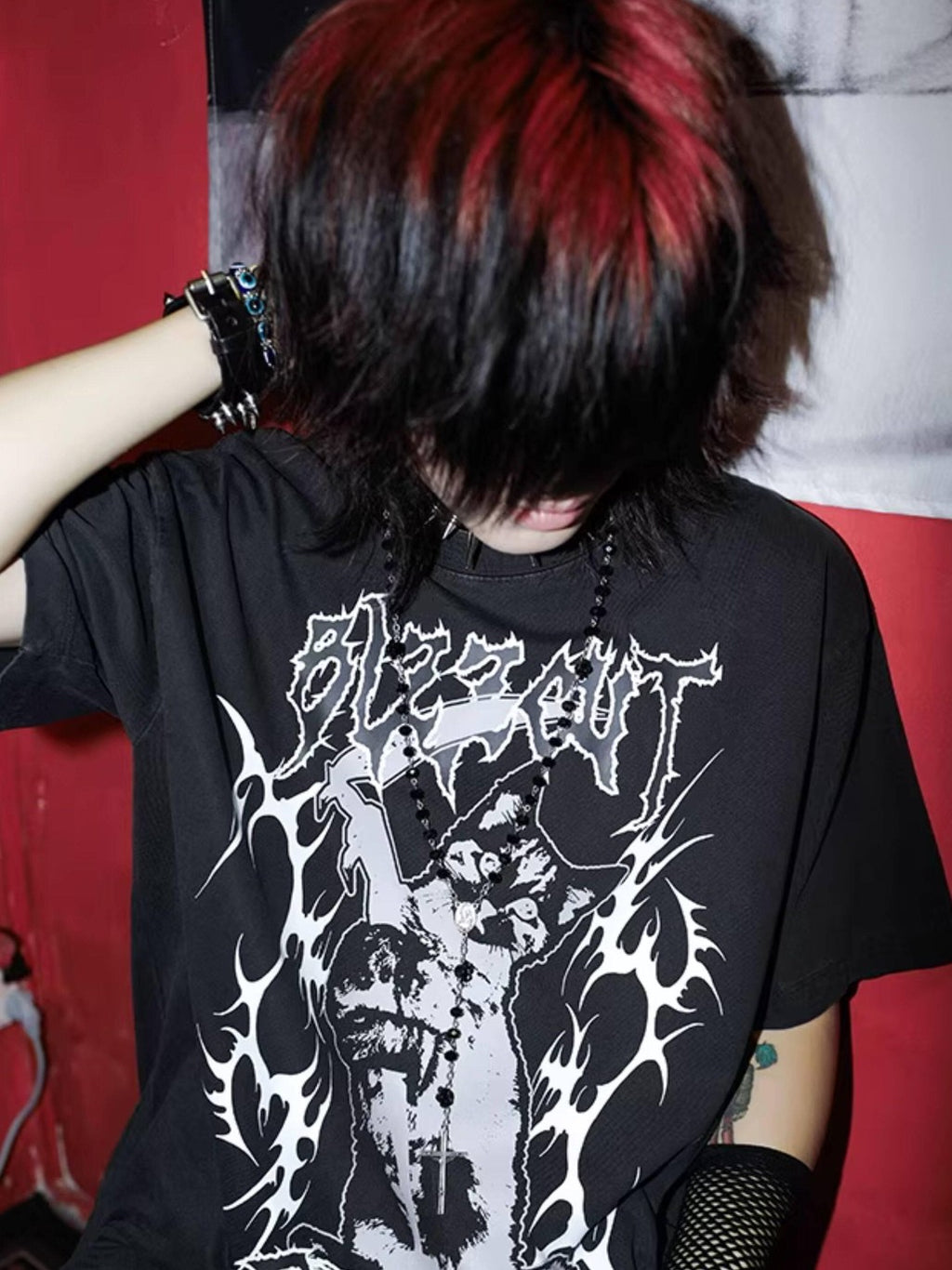 RebelSeed Black Striped Skull Demon Heat Transfer Punk Women's Short Sleeve T-shirts