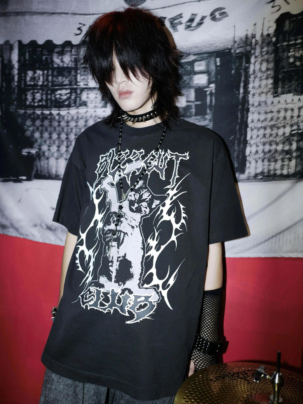 RebelSeed Black Striped Skull Demon Heat Transfer Punk Women's Short Sleeve T-shirts