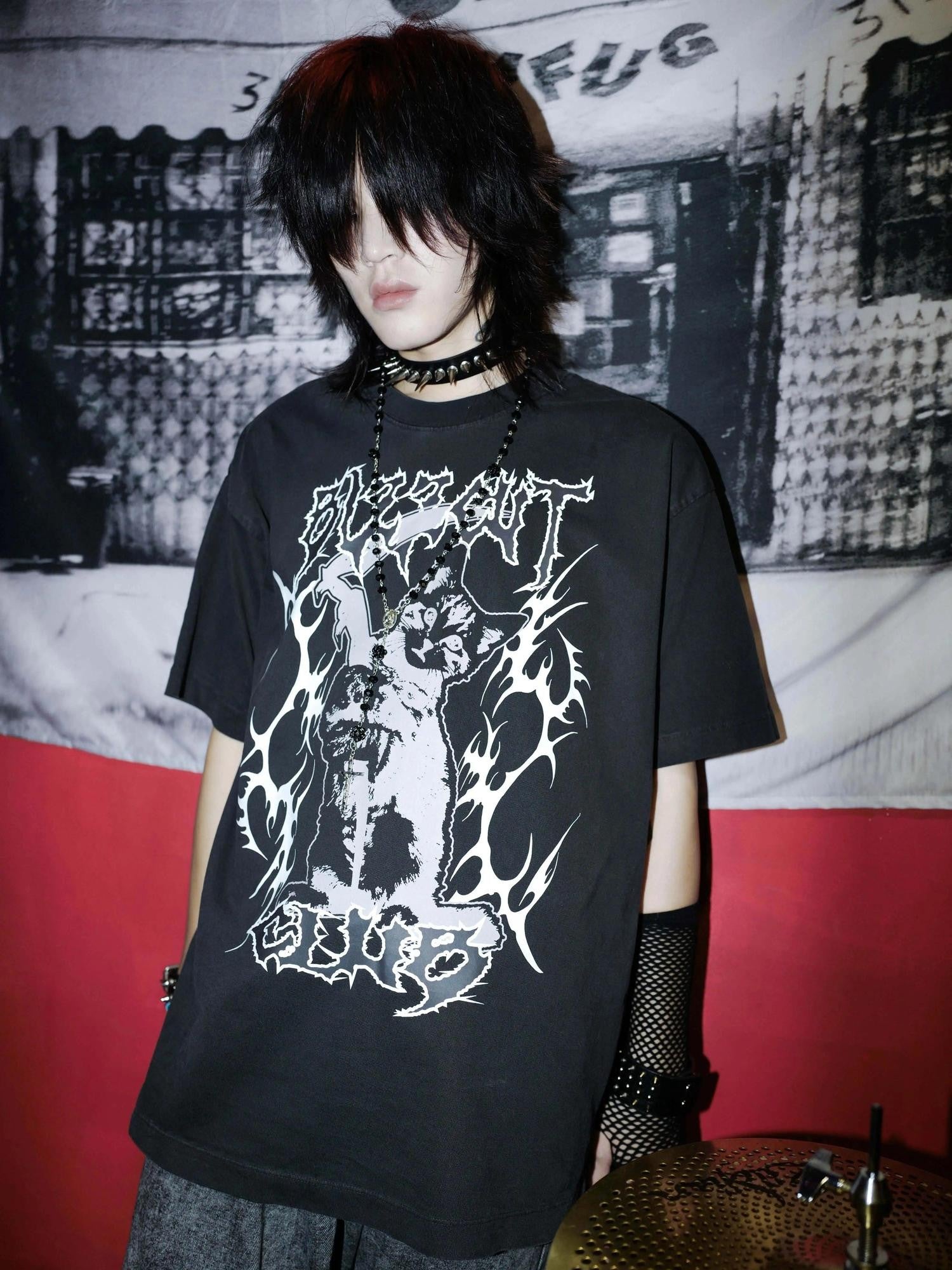 RebelSeed Black Striped Skull Demon Heat Transfer Punk Women's Short Sleeve T-shirts