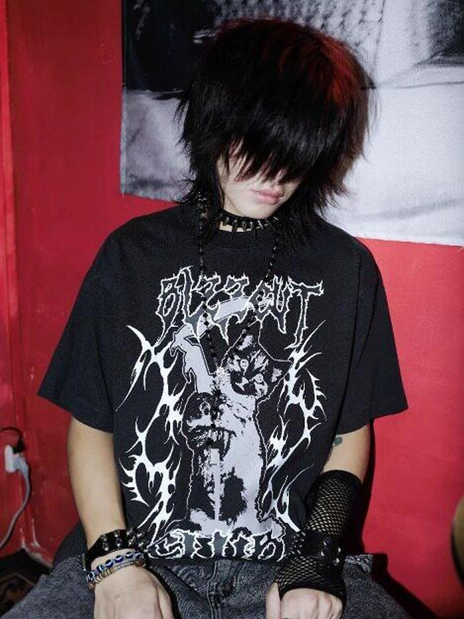 RebelSeed Black Striped Skull Demon Heat Transfer Punk Women's Short Sleeve T-shirts