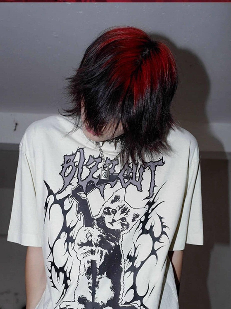 RebelSeed Black Striped Skull Demon Heat Transfer Punk Women's Short Sleeve T-shirts