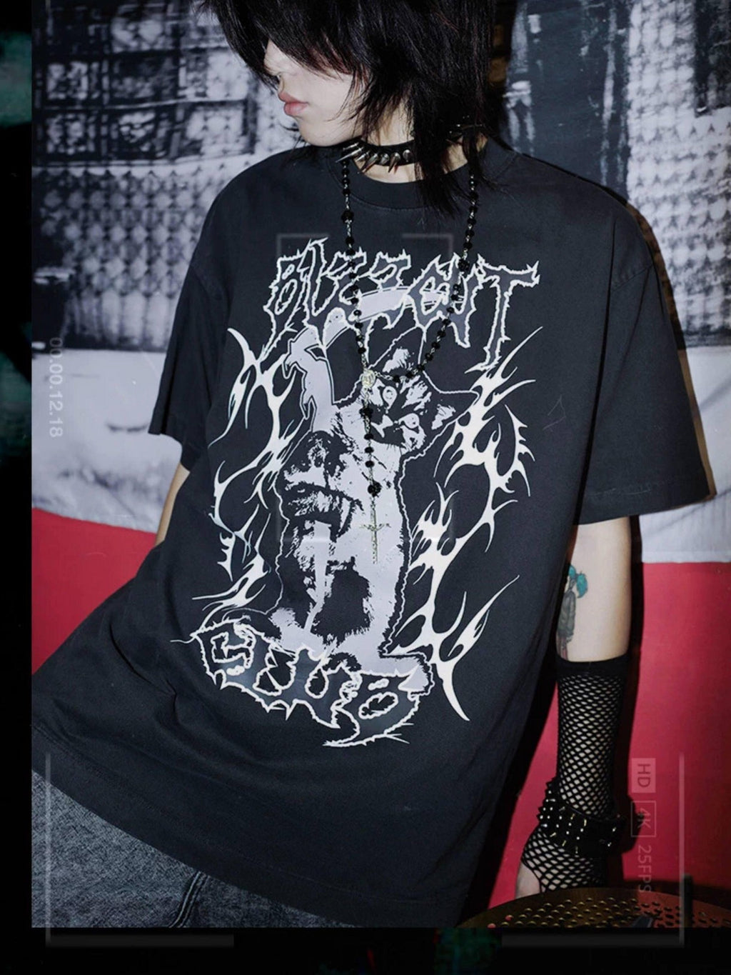 RebelSeed Black Striped Skull Demon Heat Transfer Punk Women's Short Sleeve T-shirts