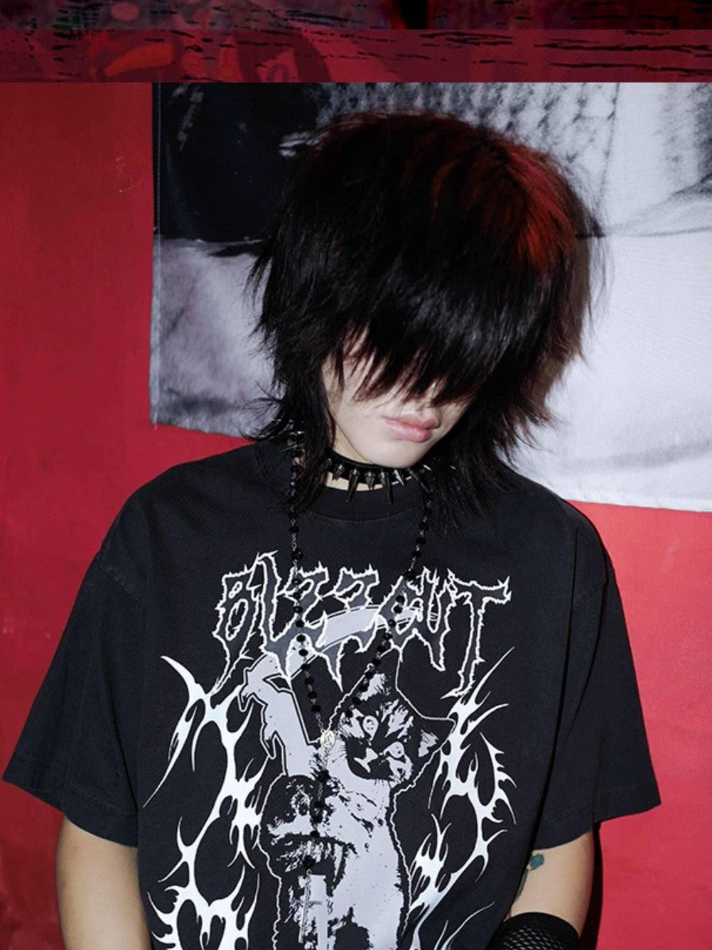 RebelSeed Black Striped Skull Demon Heat Transfer Punk Women's Short Sleeve T-shirts