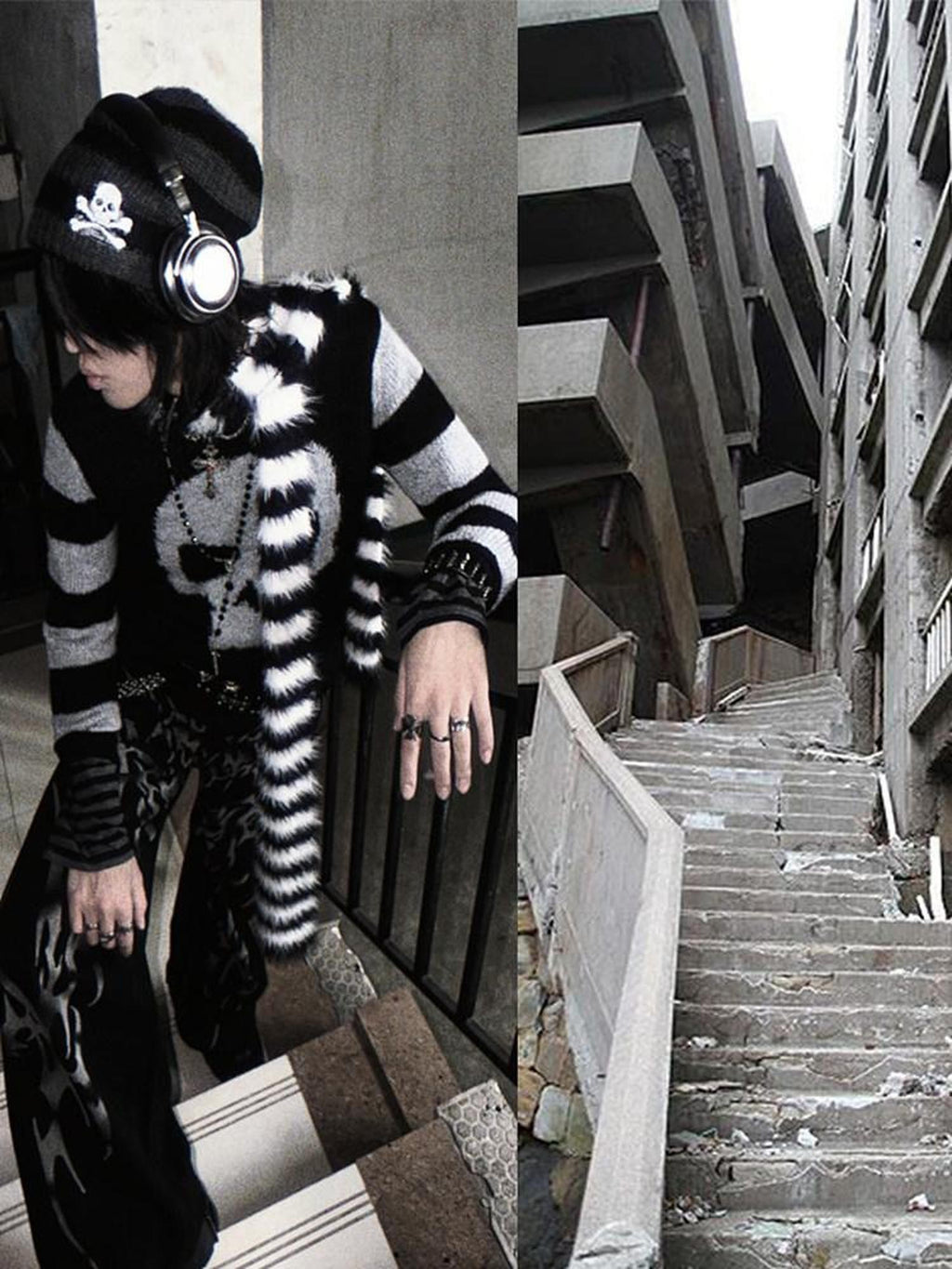 RebelSeed Black White Striped Knitted Long Subculture Women's Polyester Scarves & Shawls