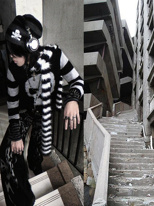 RebelSeed Black White Striped Knitted Long Subculture Women's Polyester Scarves & Shawls