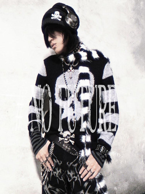 RebelSeed Black White Striped Knitted Long Subculture Women's Polyester Scarves & Shawls