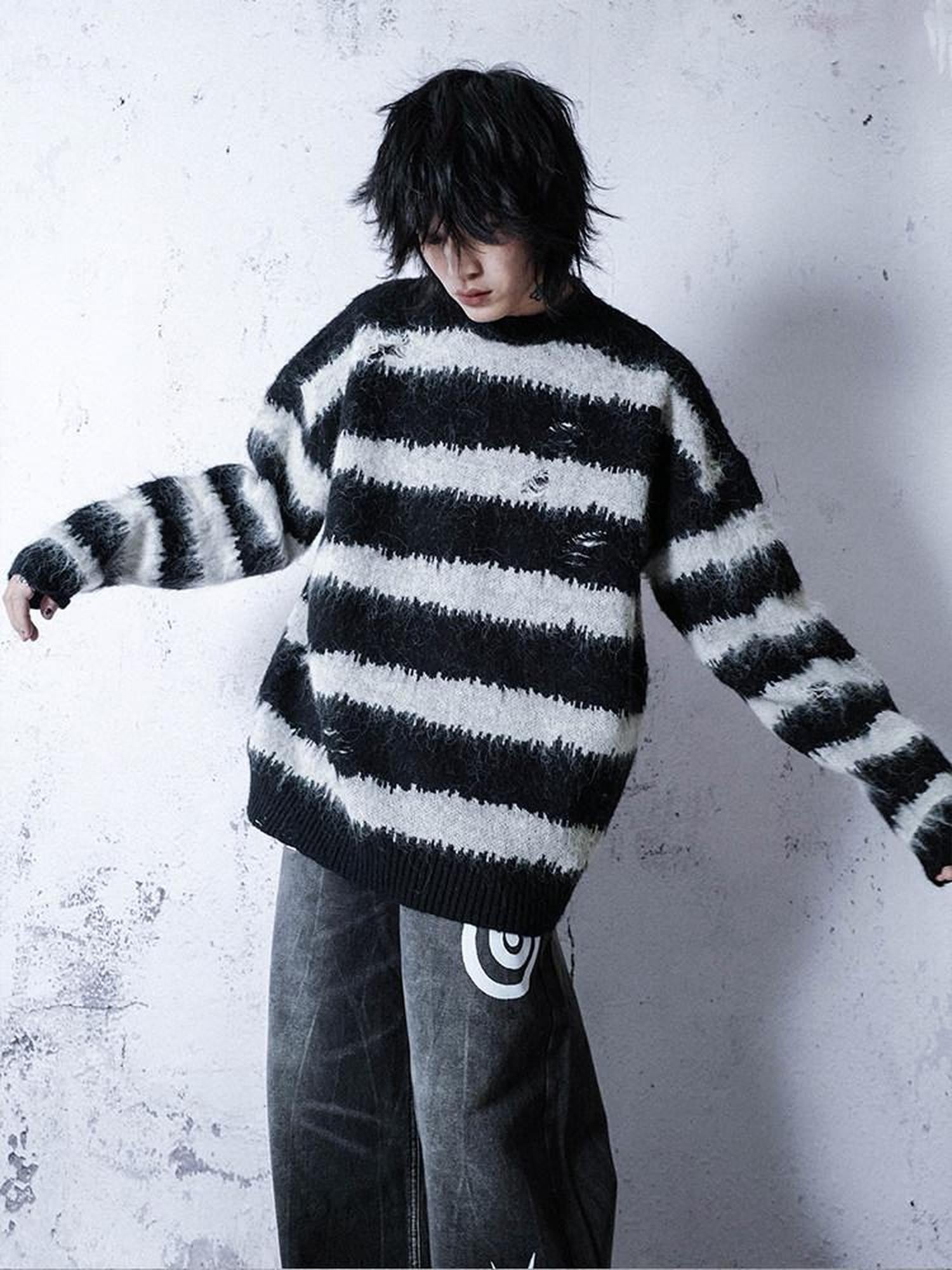 RebelSeed Black White Striped Loose V-neck Drop Shoulder Y2k Punk Women's Sweaters