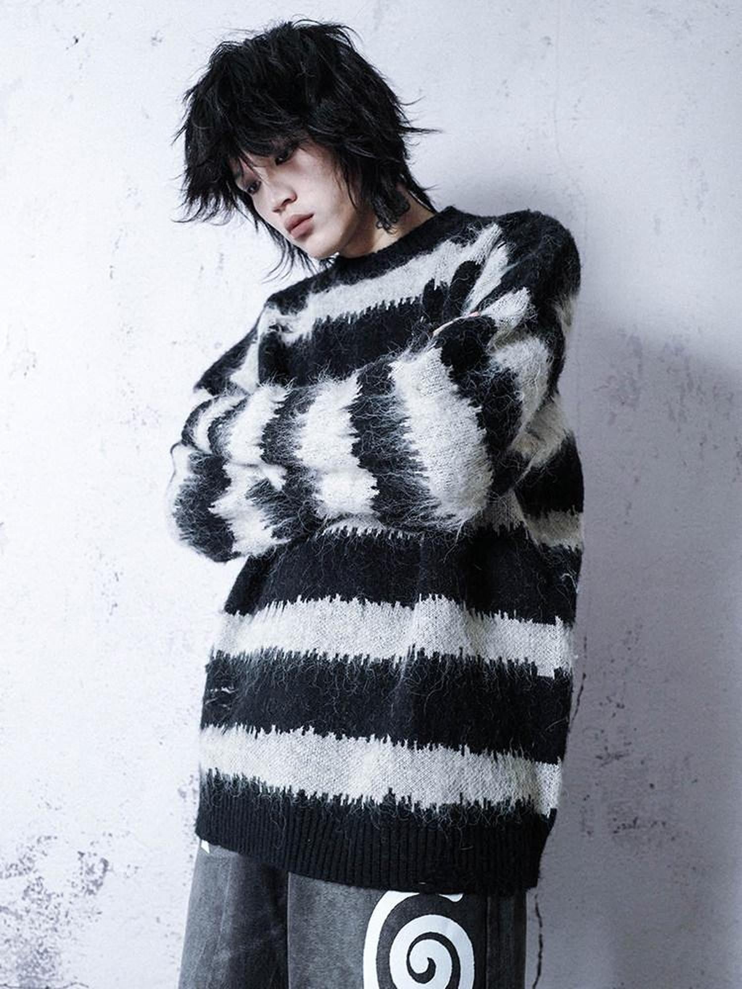 RebelSeed Black White Striped Loose V-neck Drop Shoulder Y2k Punk Women's Sweaters