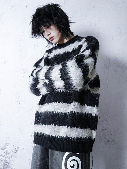 RebelSeed Black White Striped Loose V-neck Drop Shoulder Y2k Punk Women's Sweaters
