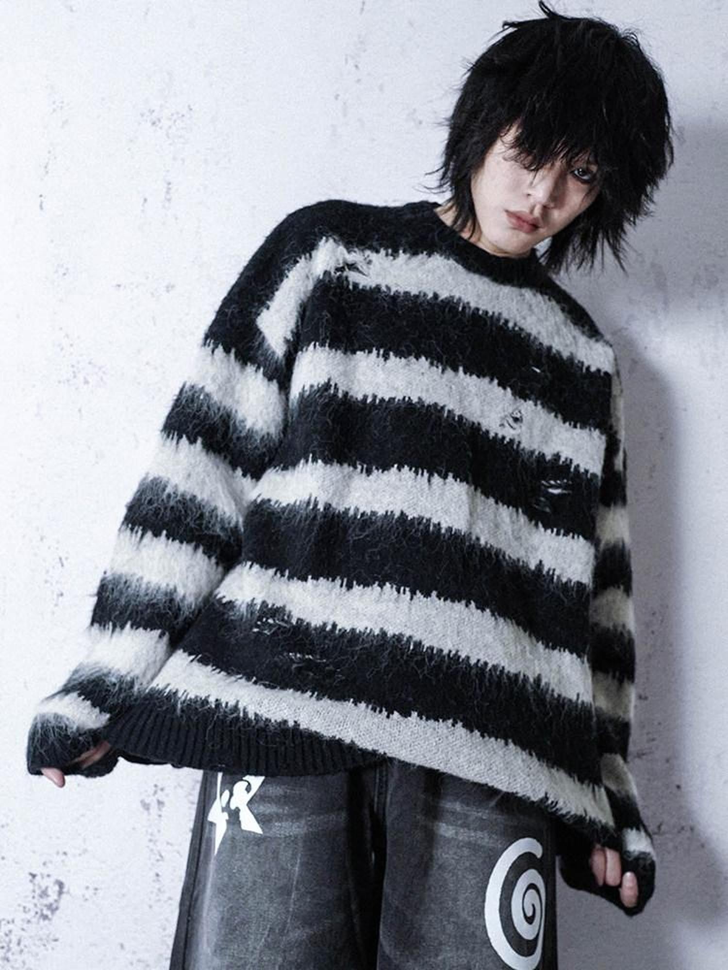 RebelSeed Black White Striped Loose V-neck Drop Shoulder Y2k Punk Women's Sweaters