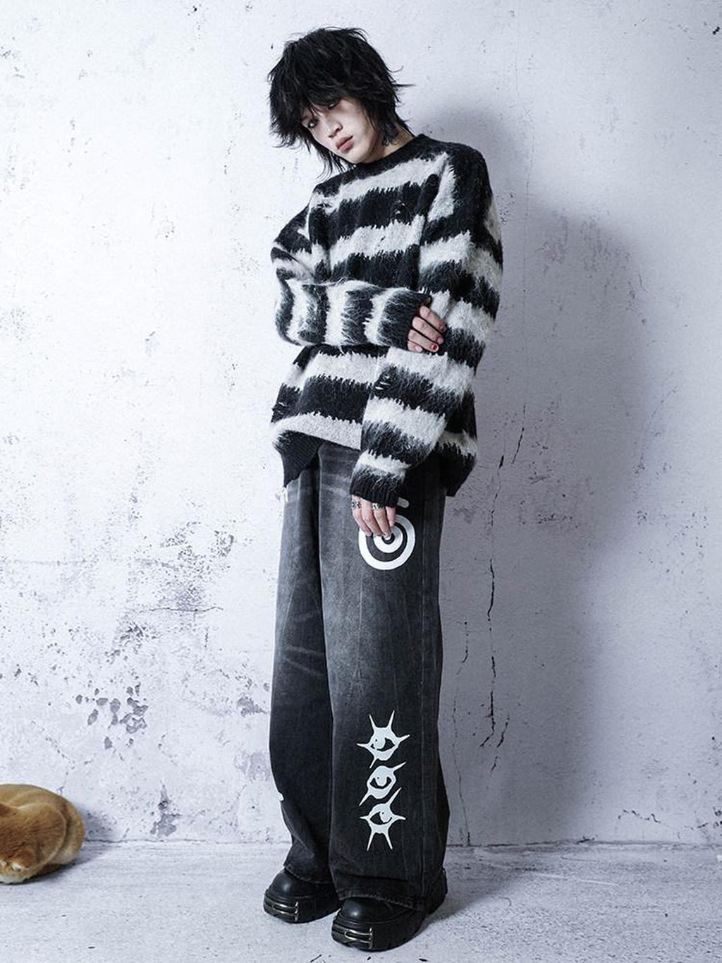 RebelSeed Black White Striped Loose V-neck Drop Shoulder Y2k Punk Women's Sweaters