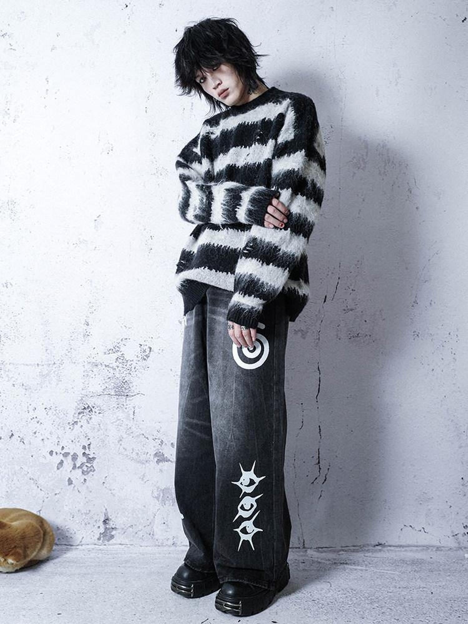 RebelSeed Black White Striped Loose V-neck Drop Shoulder Y2k Punk Women's Sweaters