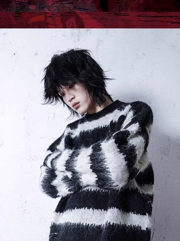RebelSeed Black White Striped Loose V-neck Drop Shoulder Y2k Punk Women's Sweaters