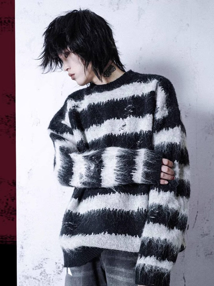 RebelSeed Black White Striped Loose V-neck Drop Shoulder Y2k Punk Women's Sweaters