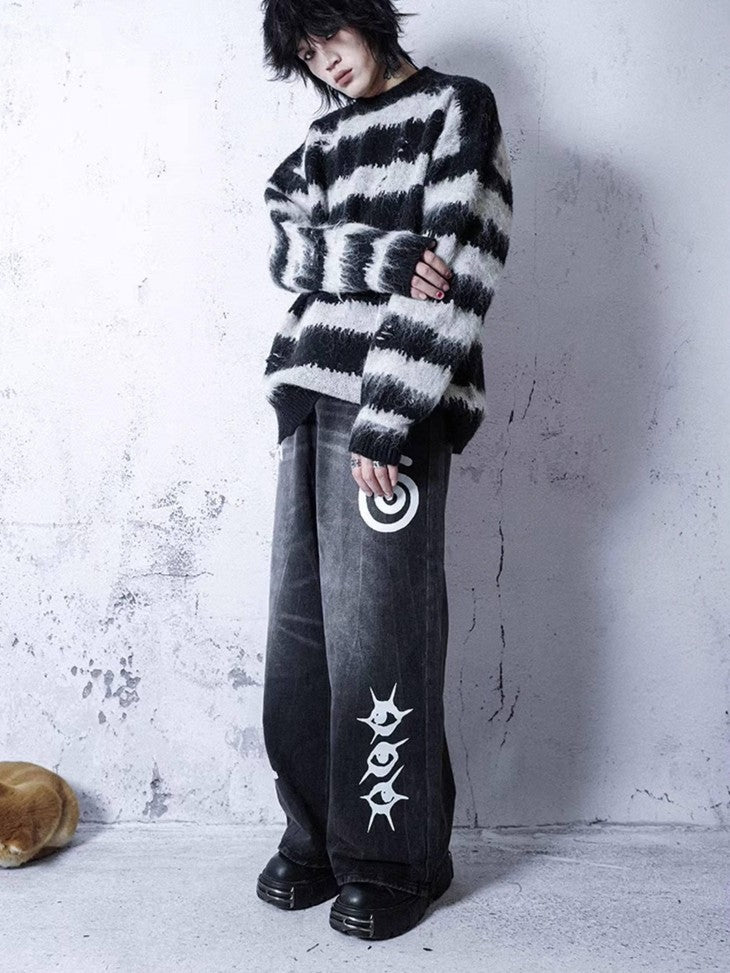 RebelSeed Black White Striped Loose V-neck Drop Shoulder Y2k Punk Women's Sweaters