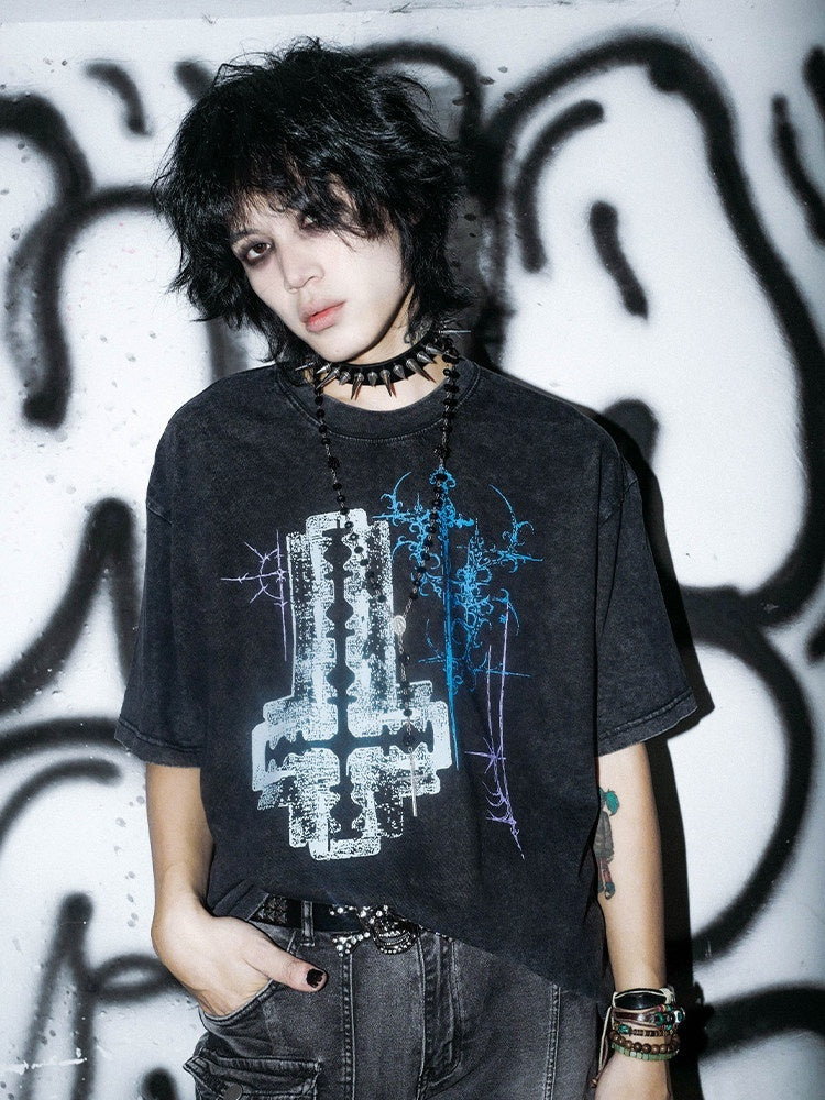 RebelSeed_Blade_Cross_Print_Waterwashed_Dark_Goth_Women's_Cotton_Short_Sleeve_T-shirts_1041066176718_MISSTT