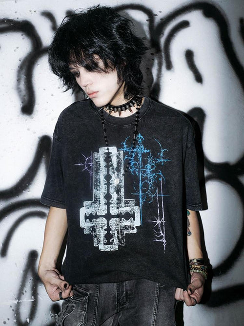 RebelSeed Blade Cross Print Waterwashed Dark Goth Women's Cotton Short Sleeve T-shirts
