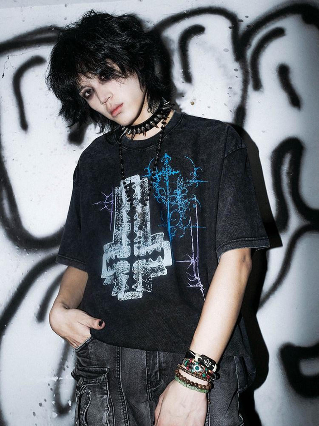 RebelSeed Blade Cross Print Waterwashed Dark Goth Women's Cotton Short Sleeve T-shirts