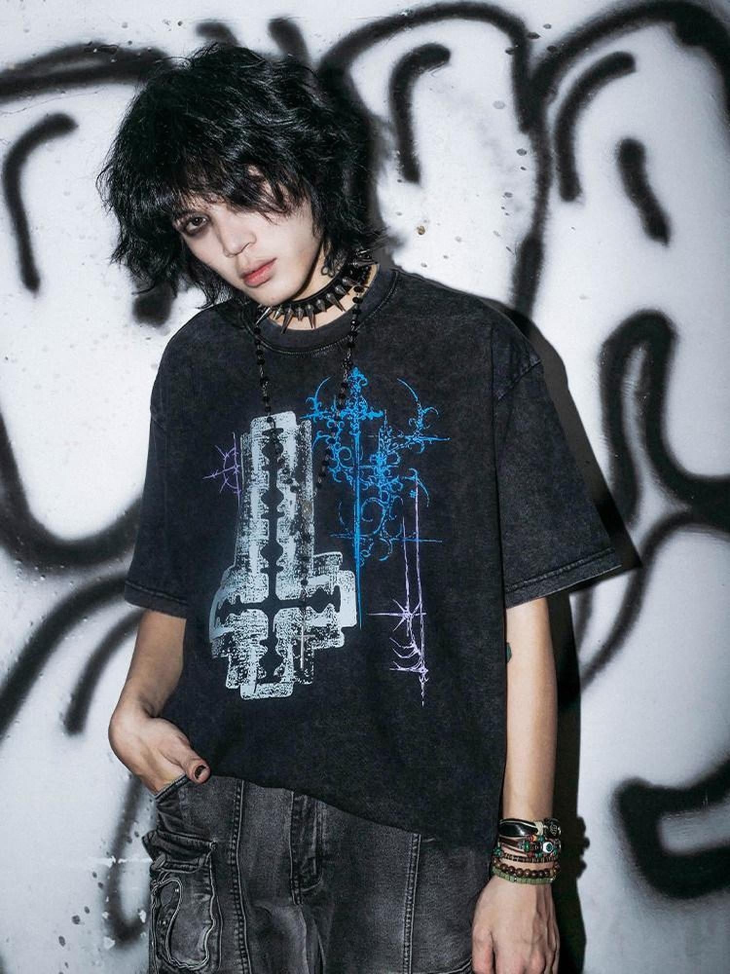 RebelSeed Blade Cross Print Waterwashed Dark Goth Women's Cotton Short Sleeve T-shirts
