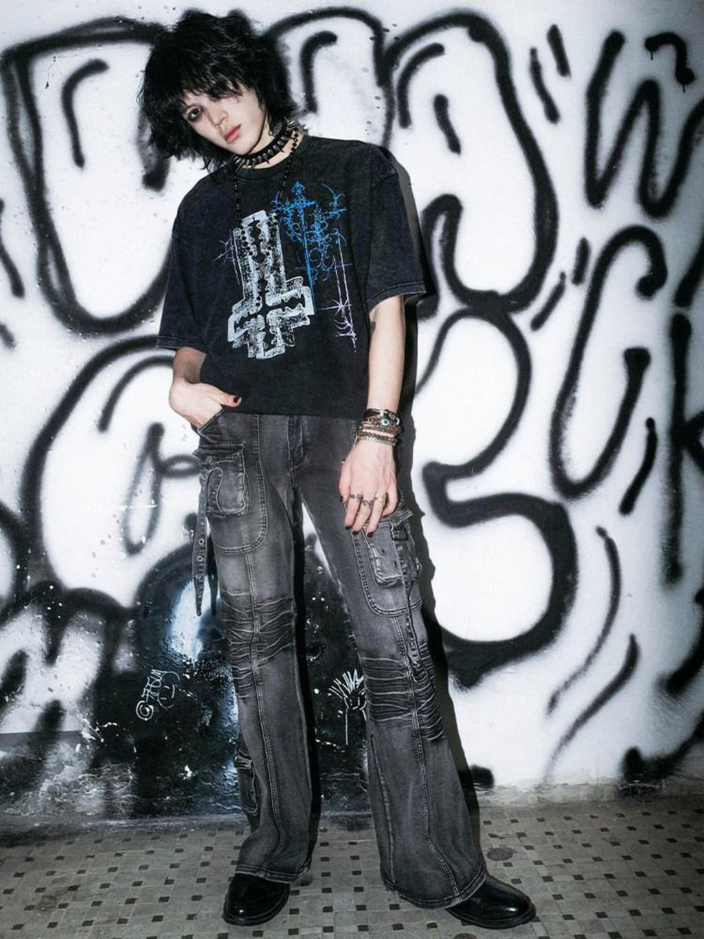 RebelSeed Blade Cross Print Waterwashed Dark Goth Women's Cotton Short Sleeve T-shirts