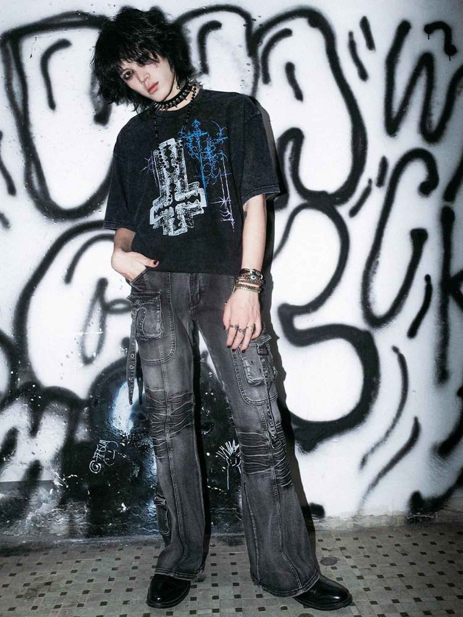 RebelSeed Blade Cross Print Waterwashed Dark Goth Women's Cotton Short Sleeve T-shirts