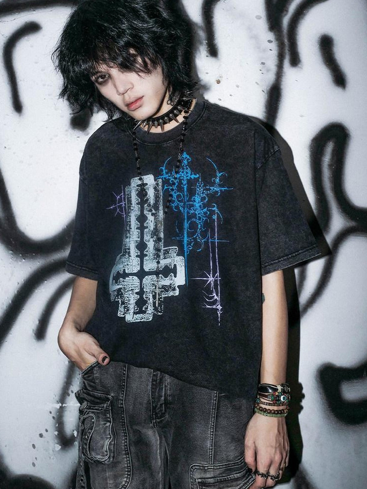 RebelSeed Blade Cross Print Waterwashed Dark Goth Women's Cotton Short Sleeve T-shirts