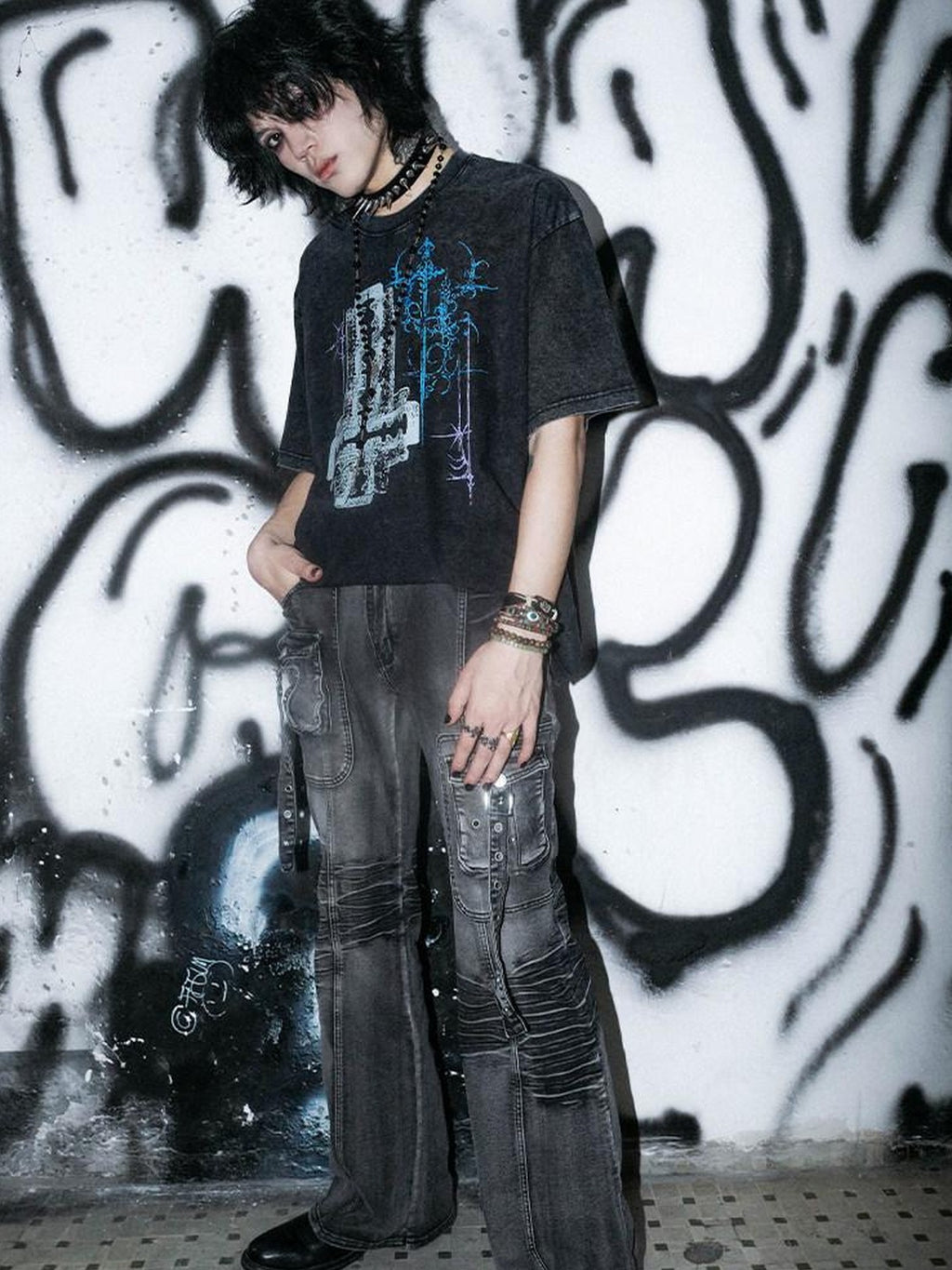 RebelSeed Blade Cross Print Waterwashed Dark Goth Women's Cotton Short Sleeve T-shirts