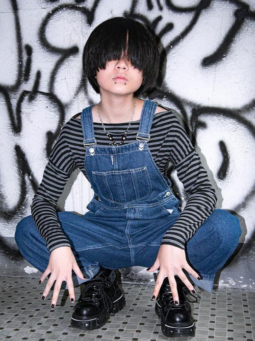 RebelSeed Blue Snow Wash Distressed Topstitch Suspender Women's Denim Straight-leg Pants