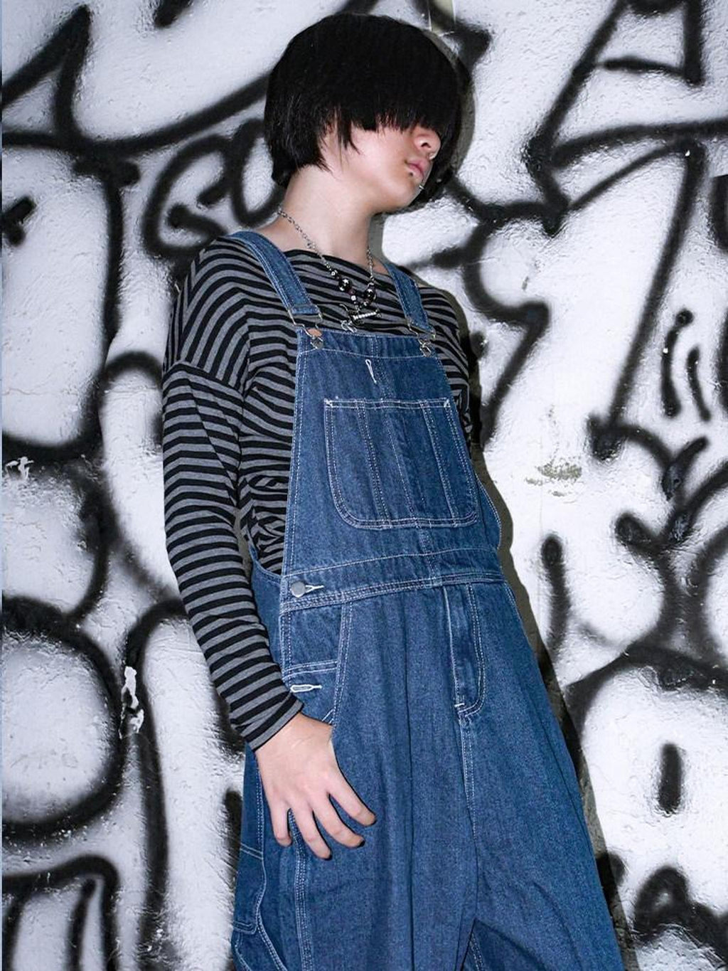 RebelSeed Blue Snow Wash Distressed Topstitch Suspender Women's Denim Straight-leg Pants