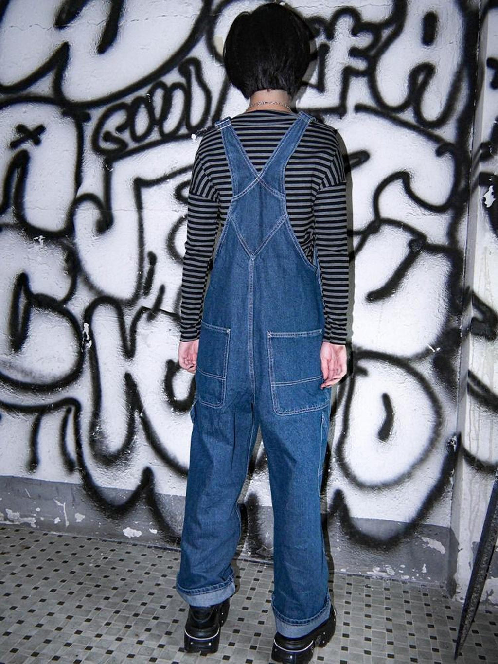 RebelSeed Blue Snow Wash Distressed Topstitch Suspender Women's Denim Straight-leg Pants