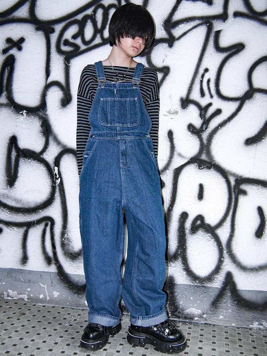 RebelSeed Blue Snow Wash Distressed Topstitch Suspender Women's Denim Straight-leg Pants