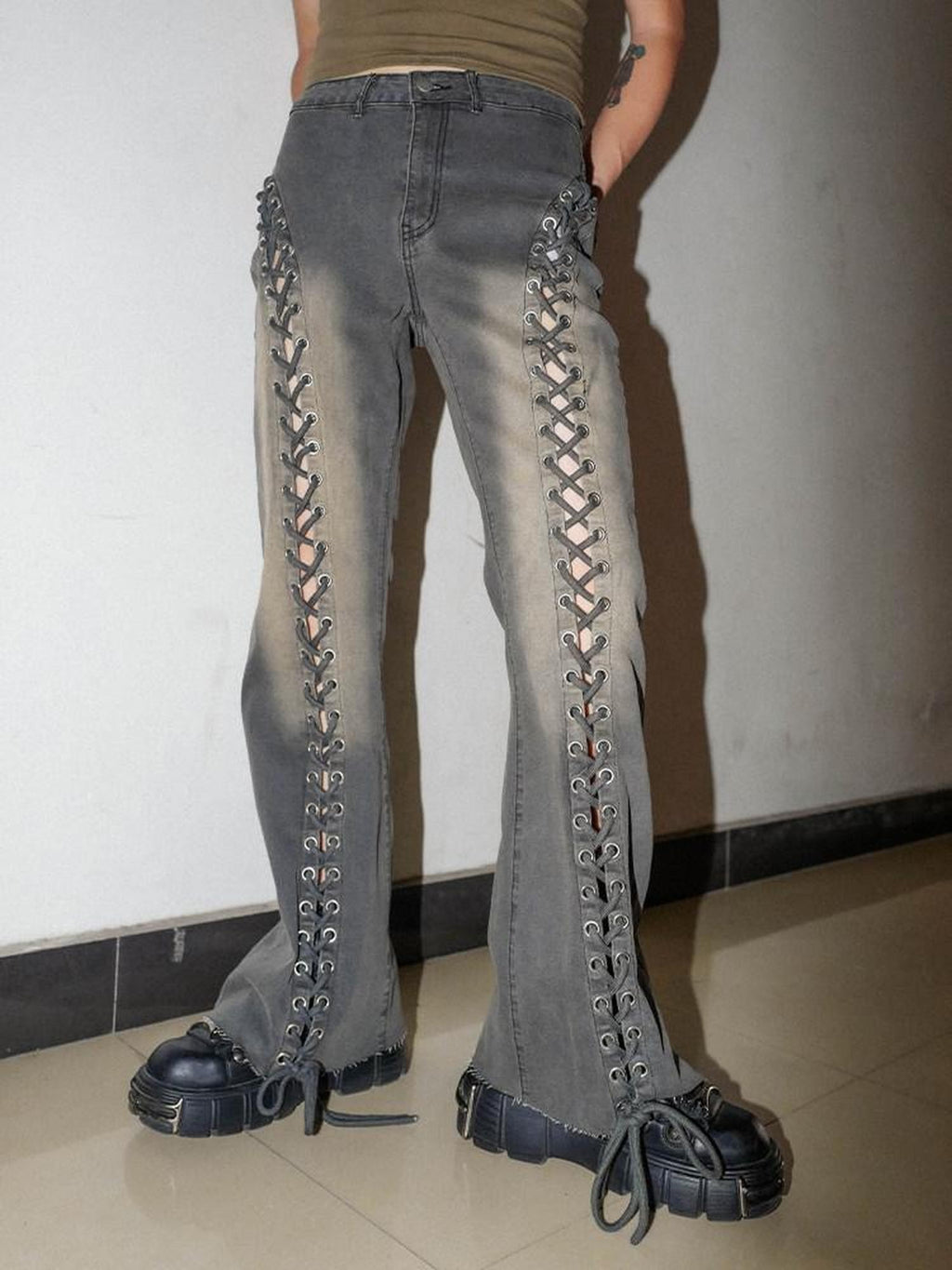 RebelSeed Camo Cross Strap Pocket Snowwash Exposed Stitch Women's Denim Bootcut Jeans