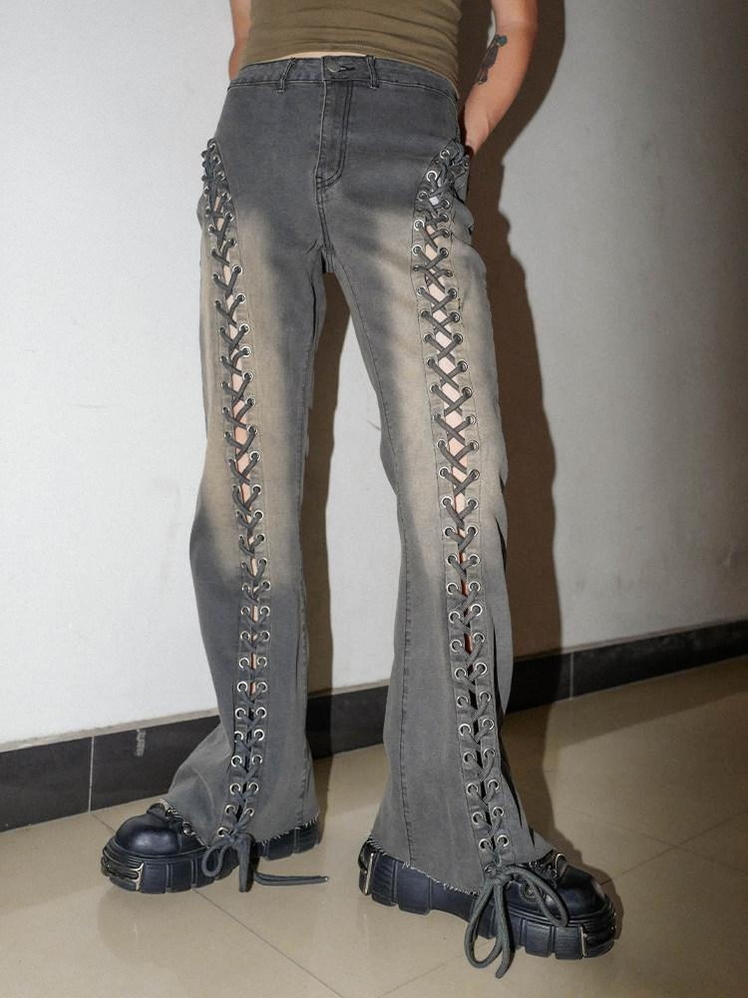 RebelSeed Camo Cross Strap Pocket Snowwash Exposed Stitch Women's Denim Bootcut Jeans