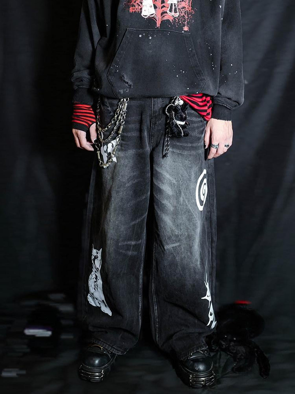 RebelSeed Cat Graphic Punk Baggy Washed Distressed Women's Denim Low-rise Jeans