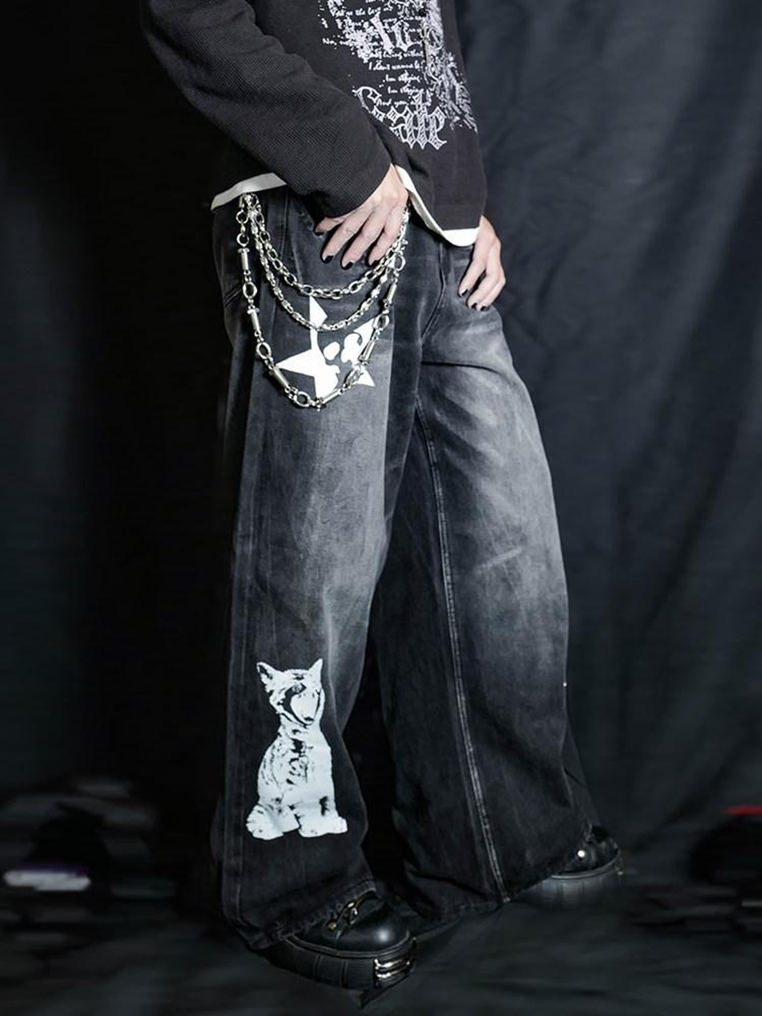RebelSeed Cat Graphic Punk Baggy Washed Distressed Women's Denim Low-rise Jeans